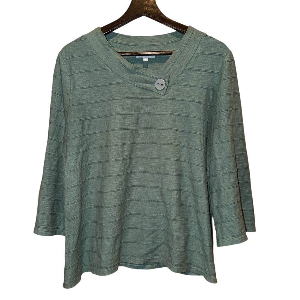 Habitat Teal Knit Top Womens S Striped Button Neck 3/4 Sleeve